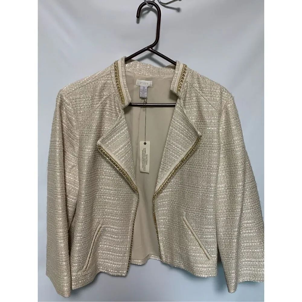 Chico's Women's Natural Zipper Tweed Moto Jacket Cream Size 3/Large 16 NWOT